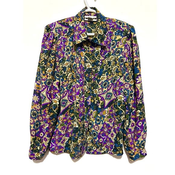Vintage Tops - Vintage 80s Paisley Floral Multicolour Silky Blouse Button Down Purple Green XL